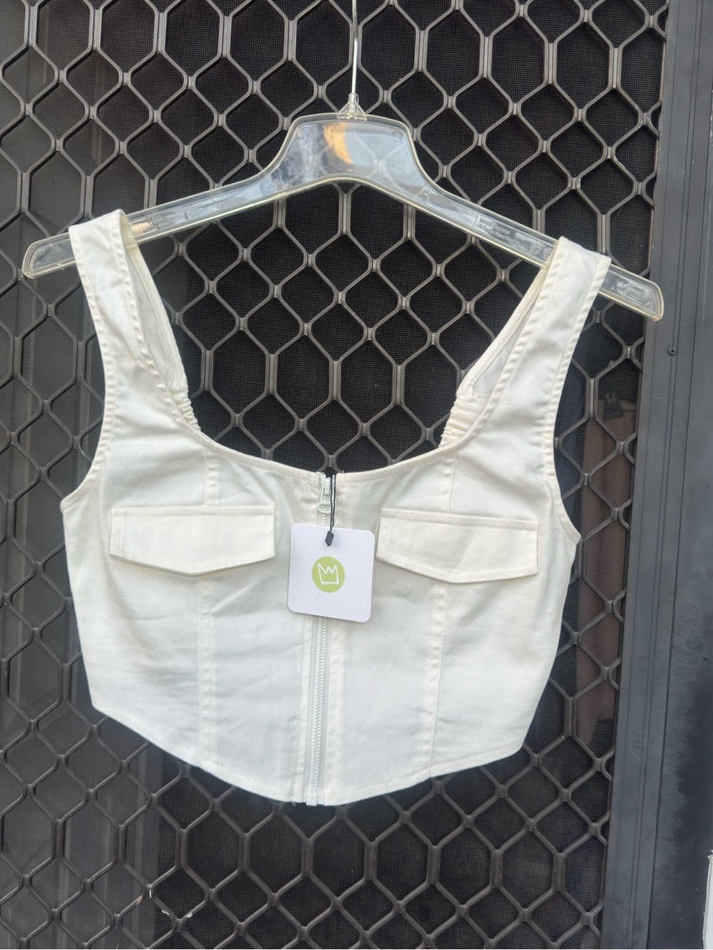 Cropped Zip-Front Tank in Cream with Pocket Detail